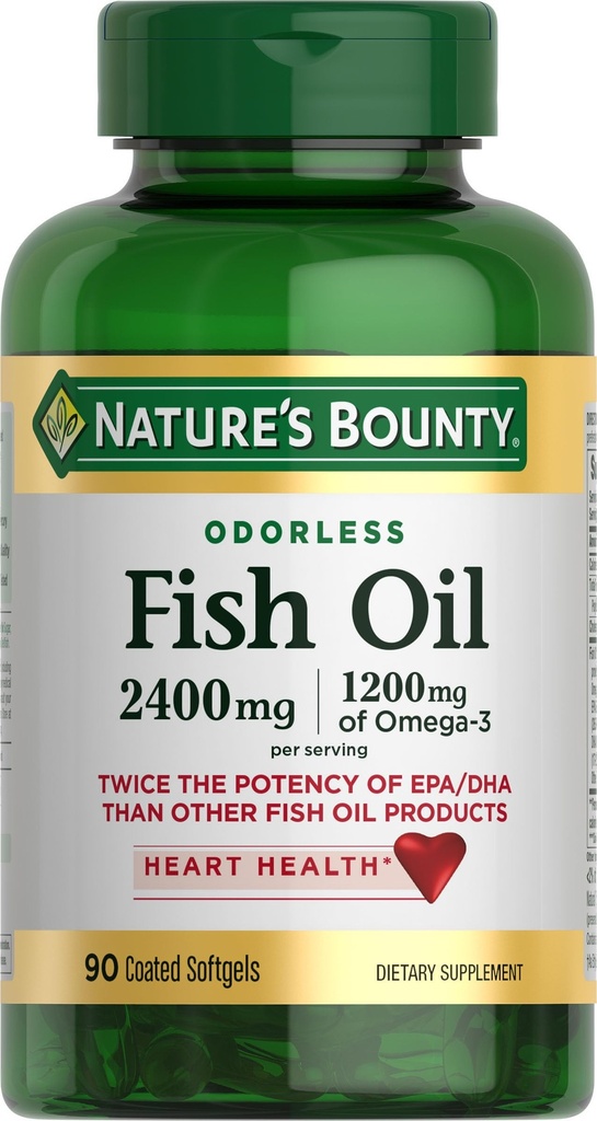 Aceite de pescado sin olores Bounty, 1200 mg Omega-3 por servicio incluyendo EPA & DHA, apoya la salud del corazón, purificado para eliminar el mercurio, Softgels Coated, Gluten Free, No Shellfish, 90 Ct