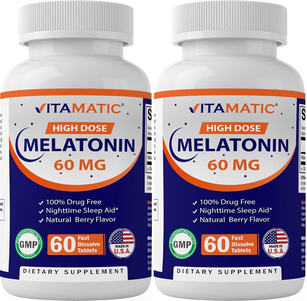 Melatonina Vitamática 60 mg Tablas de disuelve rápido - 60 tabletas de sabor de baya natural vegano - Formando no-ábito - No GMO, sin gluten (2 botellas)