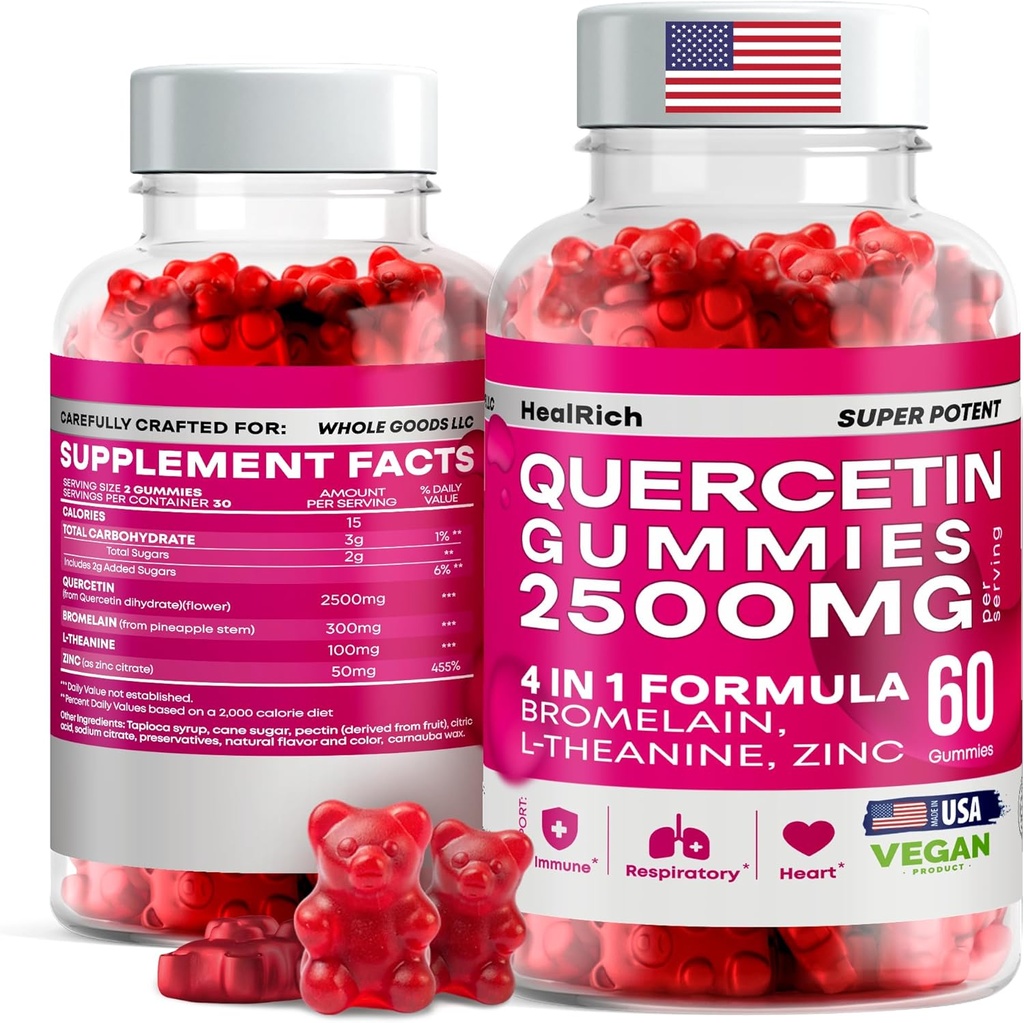 Quercetin Gummies - 2500MG con Bromelain, L-Theanine - Immune Support Gummies Alivio de la alergia " Lung Health for Kids " Adults