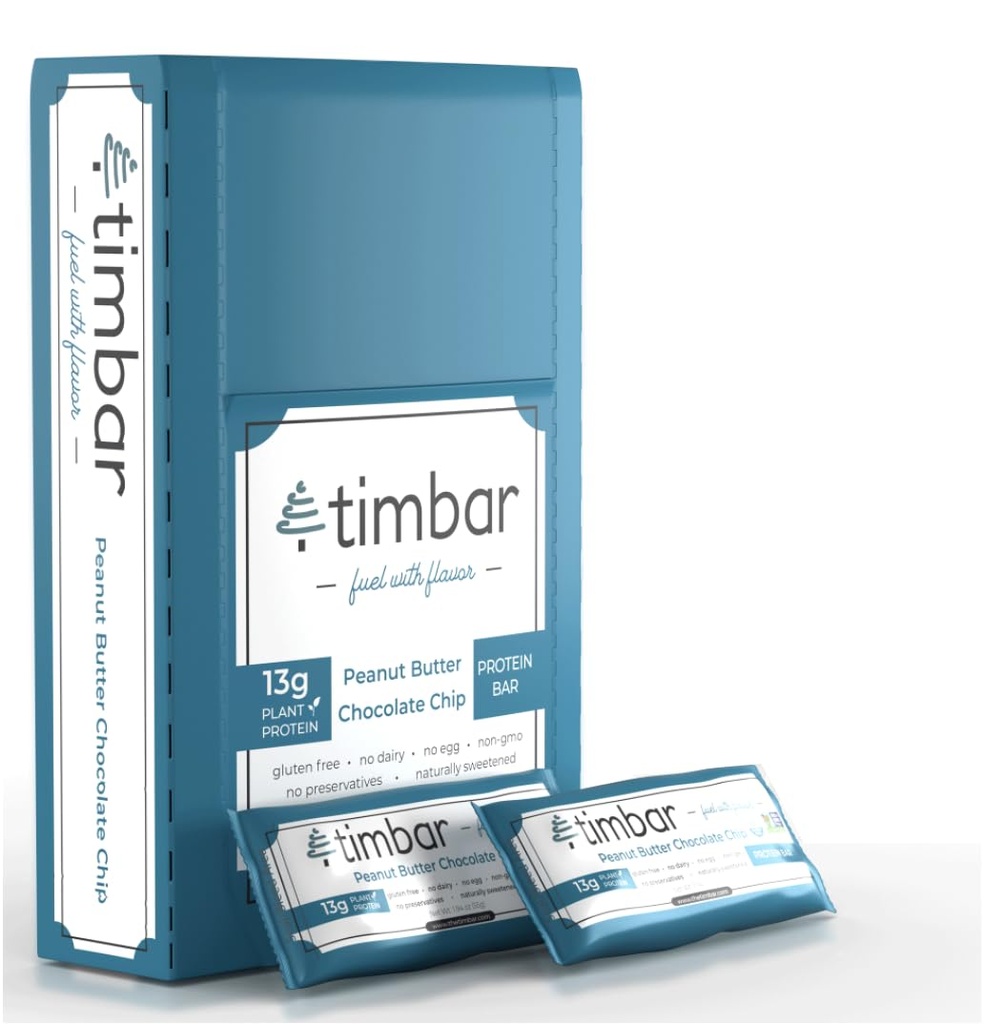 timbar Protein Bars 12 Pack | Plant Based- Energy & Nut Bars with 13g Protein | Gluten Free, Non-GMO, Dairy Free, Healthy On-the-Go Snack & Meal Replacement (12 Packs, Peanut Butter)