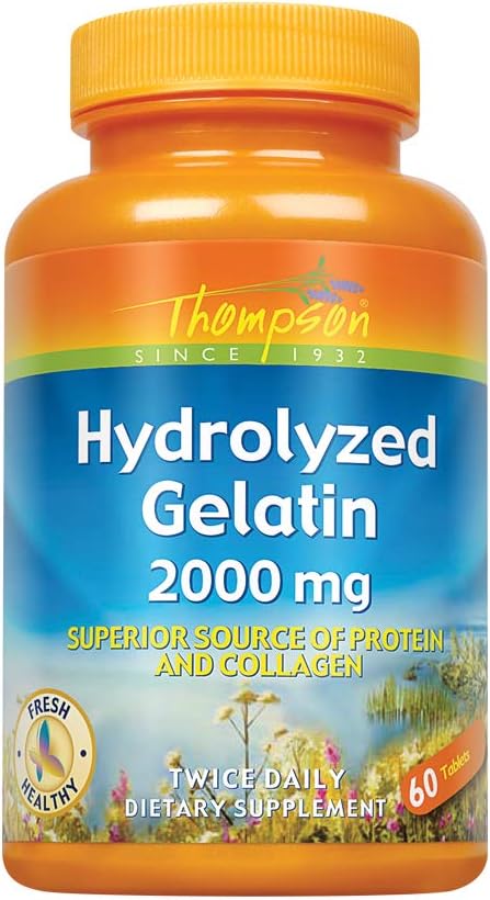 Thompson Hydrolyzed Gelatin 2000mg - Beef Gelatin Capsules, Bovine Sourced Collagen, Protein y Calcium for Women and Men, Enhanced Absorption - 60 Tablets