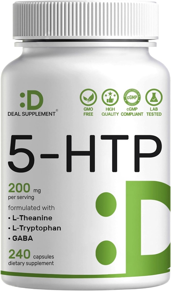 Suplemento de la oferta 5-HTP 200mg Por Serving, 240 cápsulas, 98% African Derived Griffonia Seed Extract Silencio 4 en 1 Fórmula Silencio Plus Active L Theanine, L Tryptophan, & GABA ANTE Relajación Apoyo Suplemento
