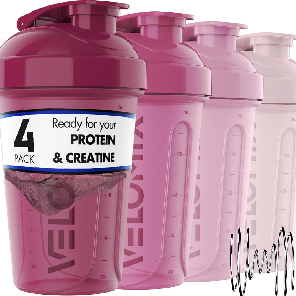 VELOMIX -4 PACK- 20 OZ Protein Shaker Botellas para Mezclas Proteínas, Copas de Shaker para Sacudas Proteínas, Pequeño Pack de Botellas Shaker, Copa Shaker, Shakers for protein Shakes (Berry Blend)