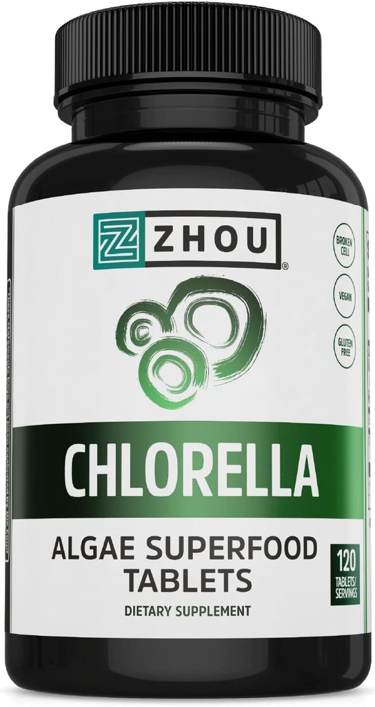 Zhou Chlorella Tablets - Suplemento Clorella, Vitaminas Clorophyll, Superalimentos de Algas Verdes Puras, Nutrientes Rich Super Food Pills, Muro de Célula Rota - 120 Tabletas Veganas