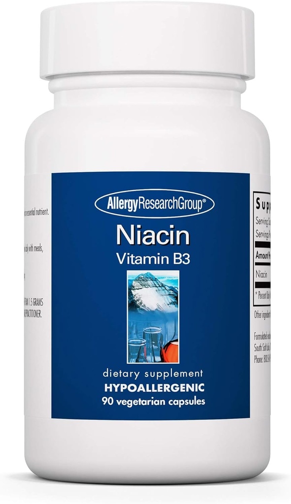 Allergy Research Group Niacin Supplement - Vitamin B3 for Men &amp; Women, Niacin with Flush, Nicotinic Acid, NAD, 250mg Vegetarian Capsules - 90 Count