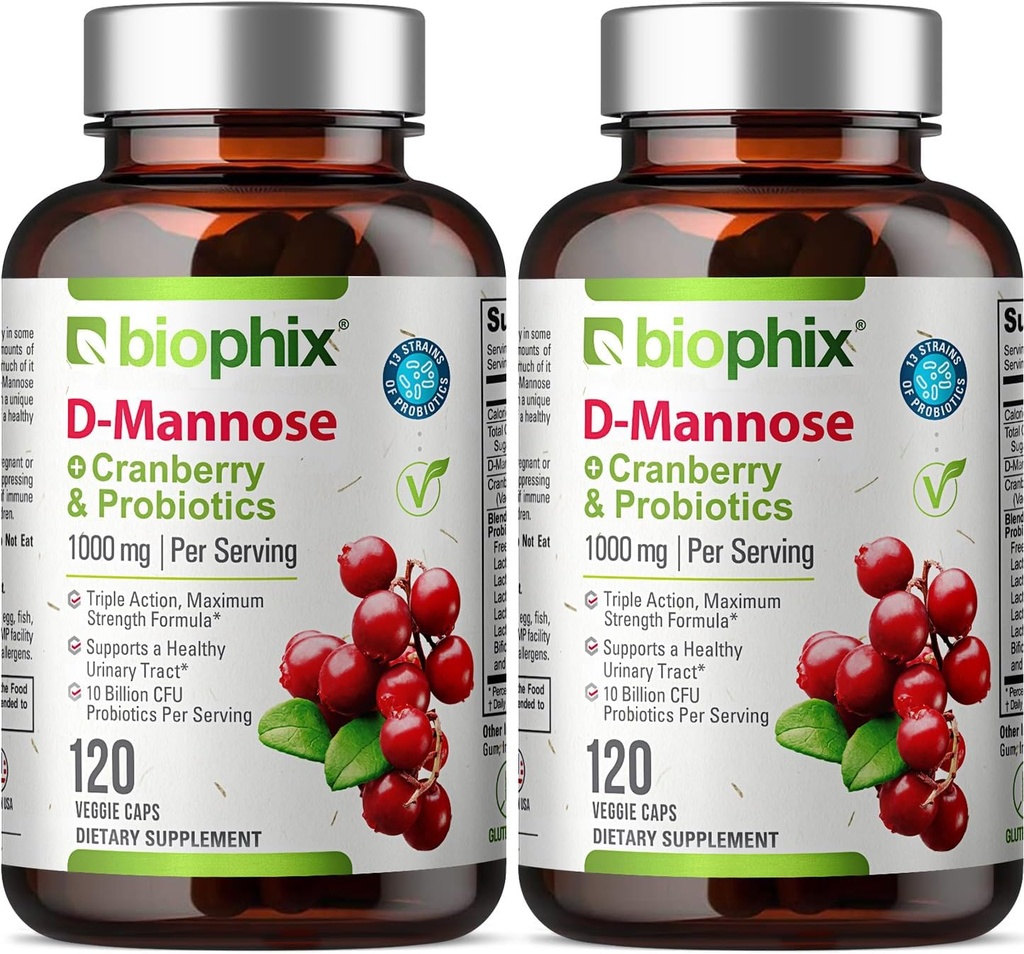 biophix D-Mannose 1000mg cápsulas con probióticos de arándano - D Mannose Suplementos para mujeres - D-Mannose Píldoras para el apoyo a la salud de tracto urinario - Digestive Well-Being - 120 Vcaps 2 Pack
