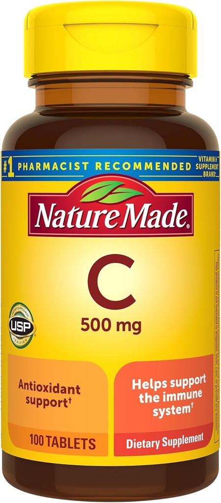 Nature Made Vitamina C 500 mg, Suplemento dietético para Soporte Inmuno, 100 Tabletas, 100 Day Supply