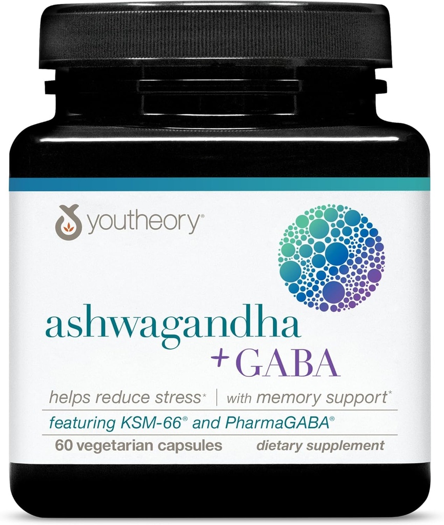 Youtheory Ashwagandha + GABA - Uses Organic KSM-66-1,000 mg Ashwagandha & 100 mg GABA - Cortisol, Energy, Stress &amp; Memory Support Supplement - 60 Vegetarian Capsules (30-Day Supply)