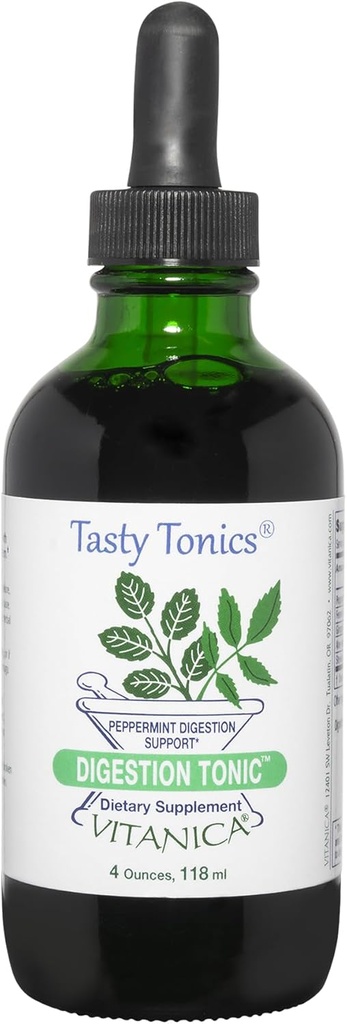 Vitanica Digestion Tonic, Gas y Bloating Relief Suplemento, Orgánica, Mejorar Función Digestiva " Salud Gut, para Hombres Mujer, Peppermint Oil Fennel Ginger " Aloe Vera Vegan, 4 Oz