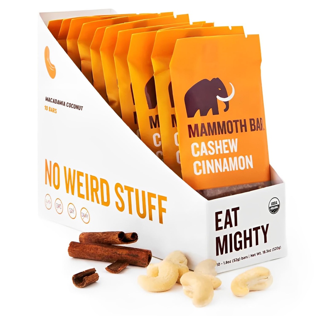 Anacardo Cinnamon Bar- Orgánico, Paleo, Gluten Libre y Raw por Mammoth Bar, 10-12g Protein, 1.8 Oz. Bar (10 Bares) ...