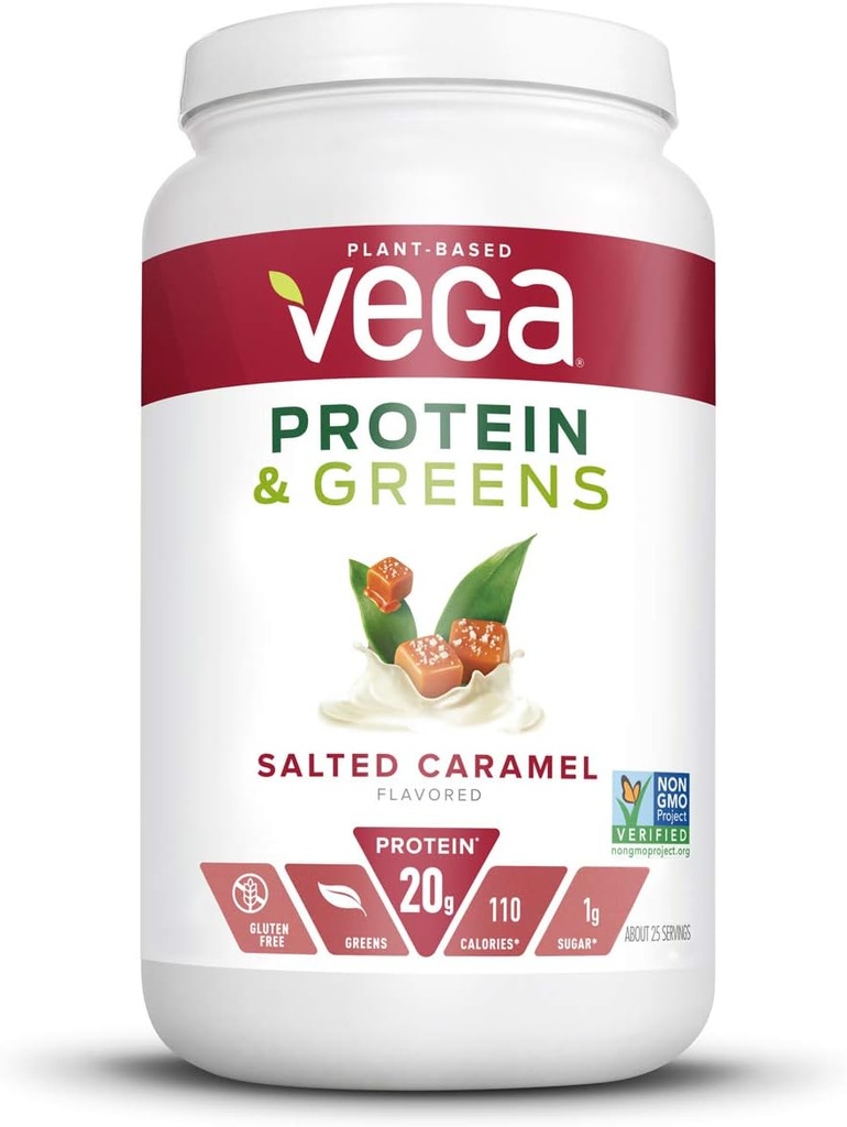 Vega Proteína y Verdes, Salted Caramel, Vegan Protein Powder, 20g de Proteína Planta Basada, Baja Carb, Keto, Dairy Free, Gluten Free, Non GMO, Pea Protein para Mujeres y Hombres, 1.7 libras (25 Servimientos)