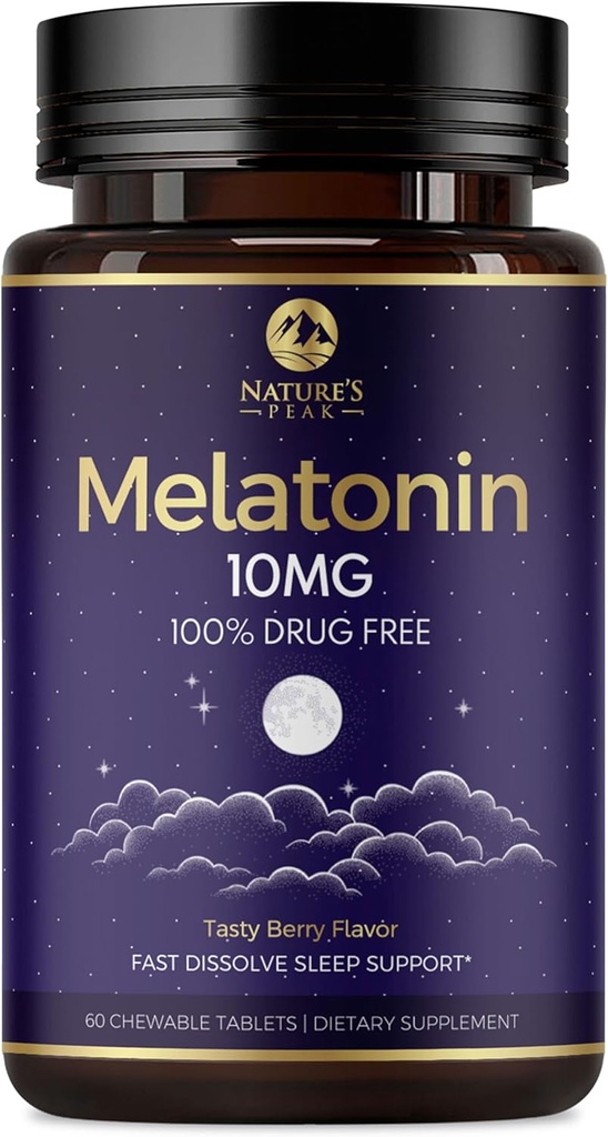 Melatonina 10mg Suplementos de disuelve rápidos, Suplemento de Apoyo al sueño para adultos - Extra Strength 10 mg Melatonin Tablet for Restful Sleep Support, Strawberry Flavor, Sugar-Free Non-GMO - 60 Day Supply