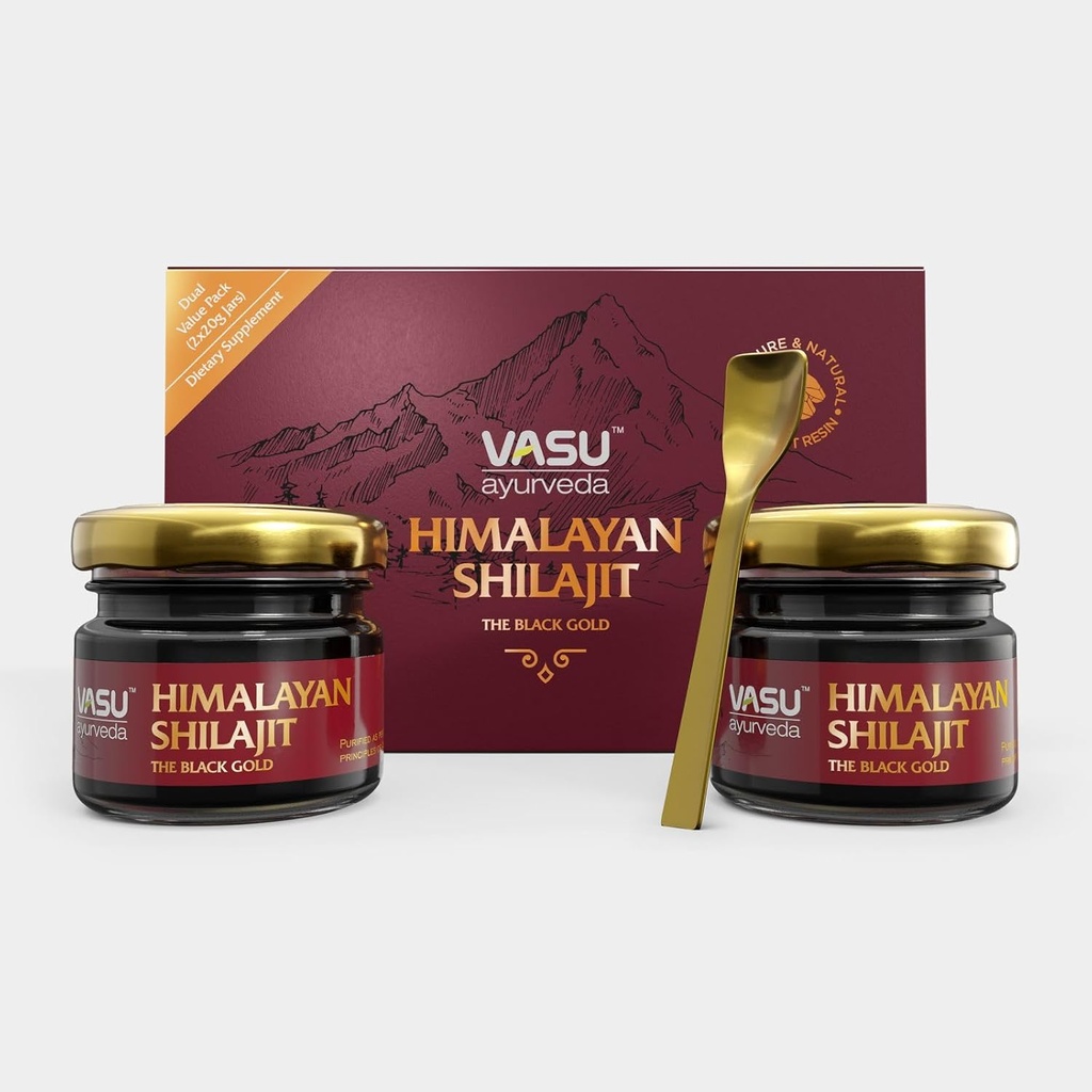 VASU Ayurveda Himalayan Shilajit Resin 400mg – Lab tested Natural Energy Booster with Fulvic Acid &amp; 85+ Trace Minerals – Pure Shilajit for Men &amp; Women – 100 Days Supply for Strength &amp; Stamina (2-Pack)