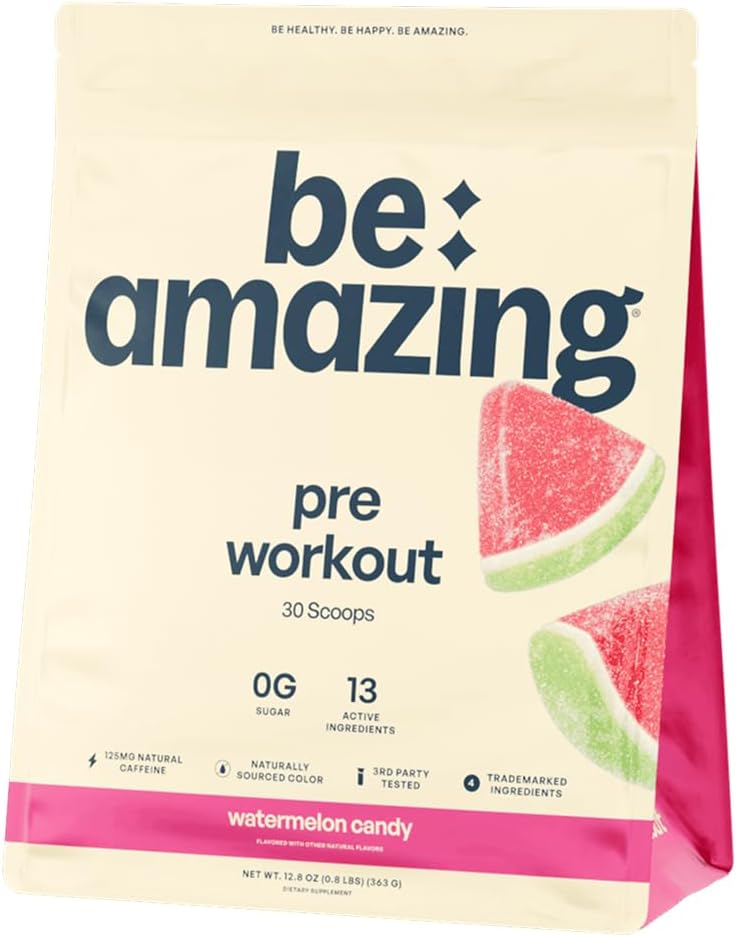 SER AMAZING Pre Workout Powder, Suplemento Vegan con 125mg Natural Caffeine, Ashwagandha y Adaptogens, Azúcar Free Drink Mix for Men and Women, Gluten Free, Non GMO, Watermelon Candy, 30 Servings