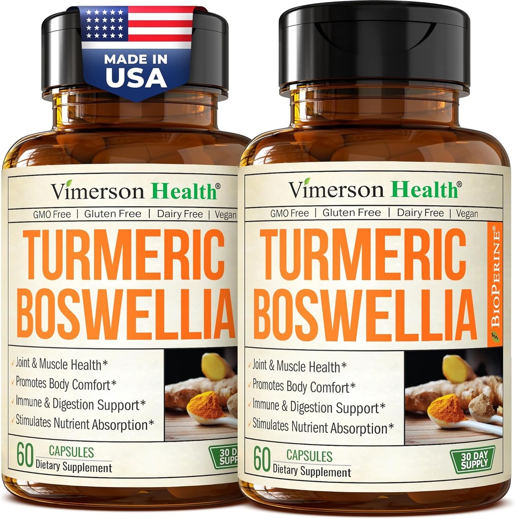 Suplemento Turmérico de Curcumina con Boswellia Serrata, Ginger Root, Organic Turmeric Powder " Black Pepper - 95% Curcuminoids Suplemento Turmérico con Boswellia Extract - Gluten Free Tumeric Caps 2-Pack