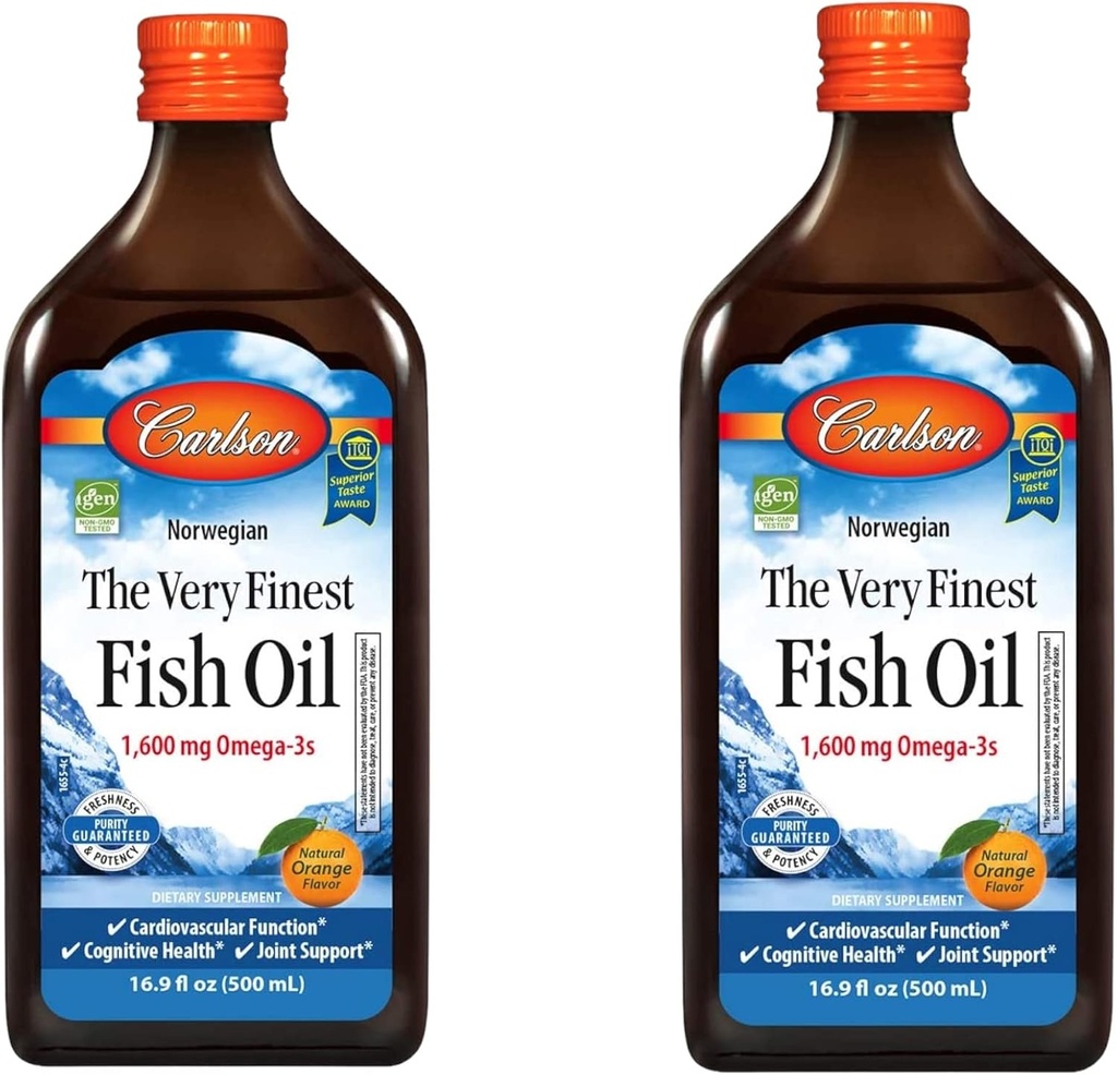 Carlson - The Very Finest Fish Oil, 1600 mg Omega-3, Liquid Fish Oil Supplement, Norwegian Fish Oil, Wild-Caught, Sustentably Sourced Fish Oil Liquid, Orange, 16.91 Fl Oz (Pack of 2)