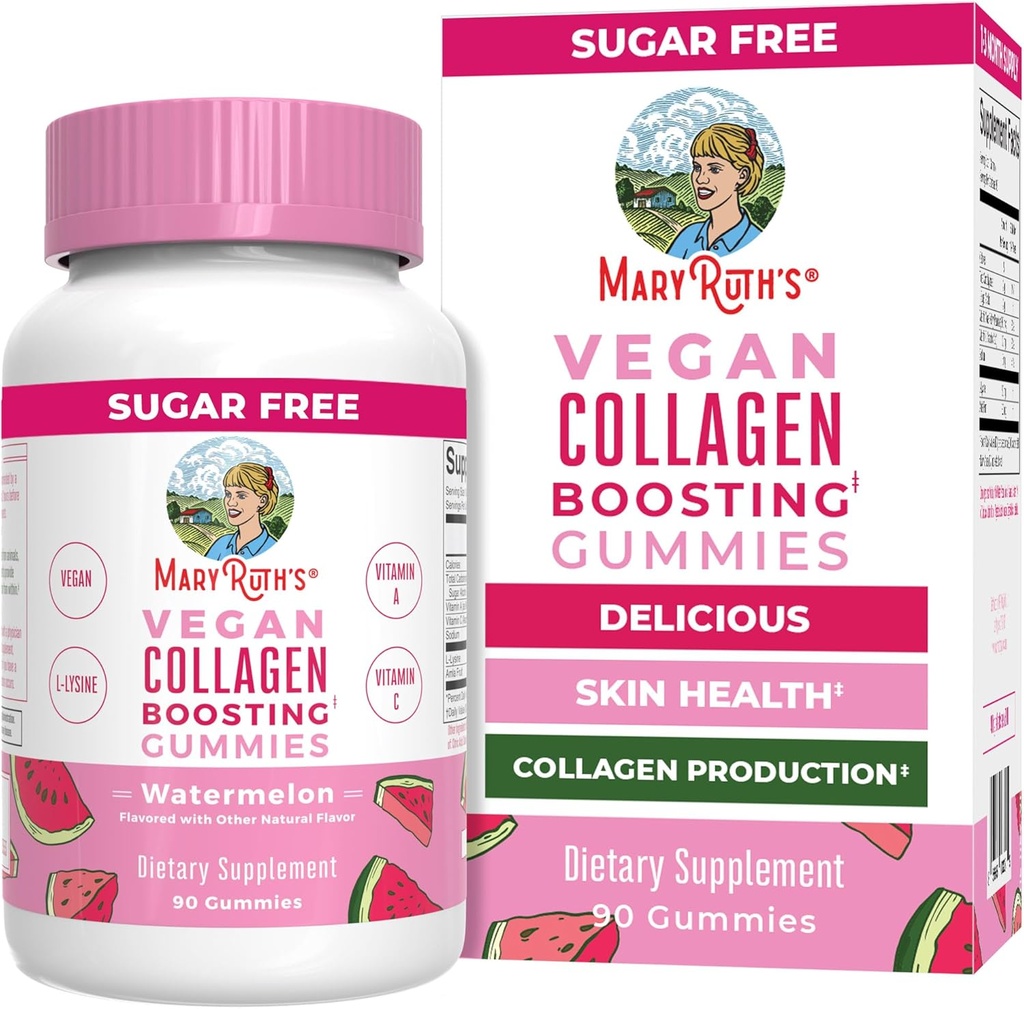 MaryRuth Organics Vegan Collagen for Women &amp; Men, Collagen Boosting Gummies, Skin Care, Lysine, Vitamina C, Vitamina A, Amla, Suplemento para el pelo &amp; Skin, Vegan, Non-GMO, Gluten Free, 90 Servings