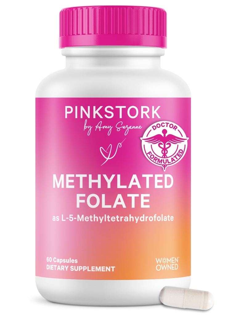 Folato de estuche rosa: Folato de metil - MTHFR Ácido, Forma natural de ácido fólico para el embarazo, Formulado para mamá + bebé, Mujer-Owned, 60 cápsulas (paquete mayo Vary)