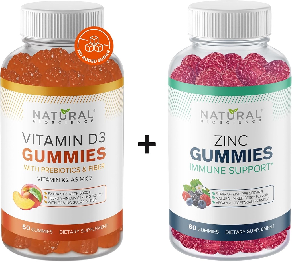 Natural BioScience Sugar Vitamina Gratuita D3 K2 Gummies 5000 UI & Zinc Gummies 50 mg, Extra Strength, Immune Support, Bone Health, Heart Health, Skin Support, 60 vitaminas Gummy