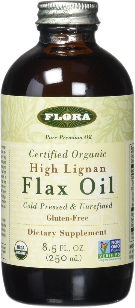 Flora Health Certified Organic High Lignan Flax Seed Oil, Cold Pressed, Unrefined & Gluten Free with Essential Fatty Acids, Unmodified Flaxseed Oil, 17 fl. oz. Botella de vidrio