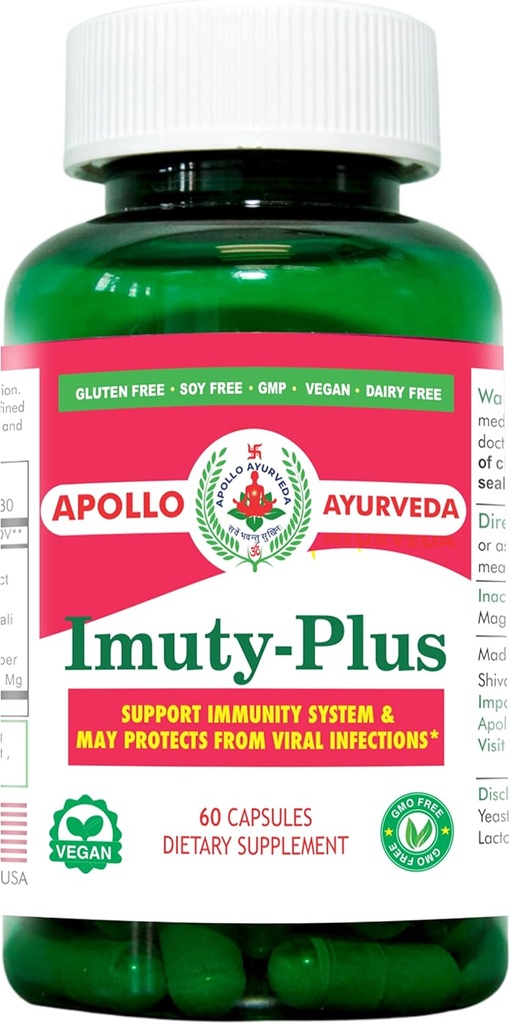 Imuty Plus Soporte Immune System Dietary Herbal Suplemento Equivalente 5000 mg Giloy Ashwagandha Mulethi Ayurvedic Vegan 60 cápsulas