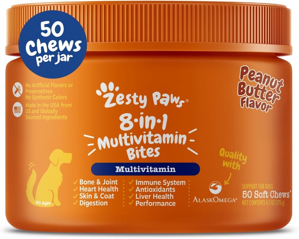 Zesty Paws Dog Multivitamin, Chewable Dog Vitamins and Supplements for Hip " Joints, Skin " Coat, Omega 3 Fish Oil for Dogs- Senior " Puppy Multivitamin- Peanut Butter- 50ct