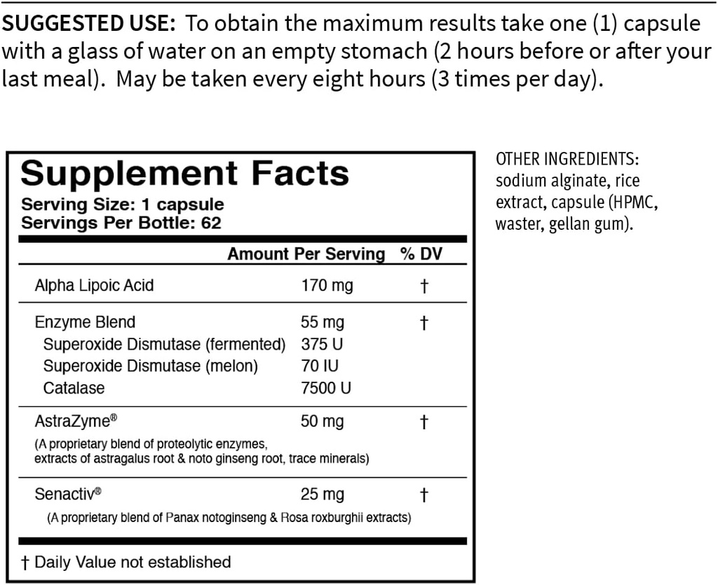 USAEnzymes YOUTHXYM 62 Delayed Release Vegetarian Capsules, Anti-Oxidant Enzyme Suplemento. 170mg de Alfa Lipoic Acid (ALA) + 50 mg de AstraZyme para mejorar la digestión de proteínas.