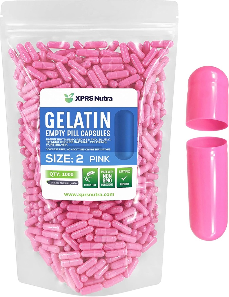 XPRS Nutra Size 2 Empty Capsules - 1000 Count Empty Gelatin Capsules - Pills DIY Capsule Filling - Pure Bovine Pill Gel Caps for Do-It-youself Supplements (Pink)