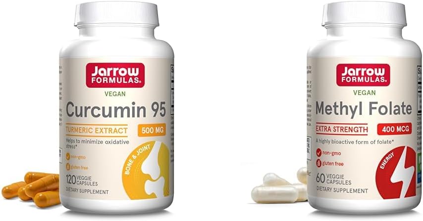 Jarrow Formulas Curcumin 95 500mg y Metil Folate 400mcg Antioxidante y Cardiovascular Health Support Dietary Supplement Bundle, 120 y 60 Veggie Capsules