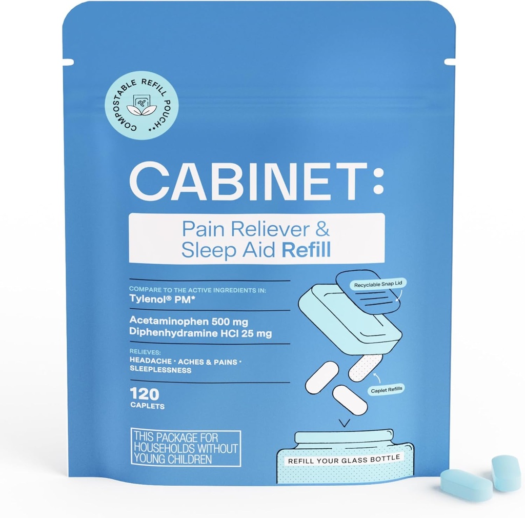 Cabinet: Nighttime Pain Reliever and Sleep Aid for Headaches, Aches, and Pains  durable Acetaminophen 500mg, Diphenhydramine 25mg,120 Caplets (Refill)