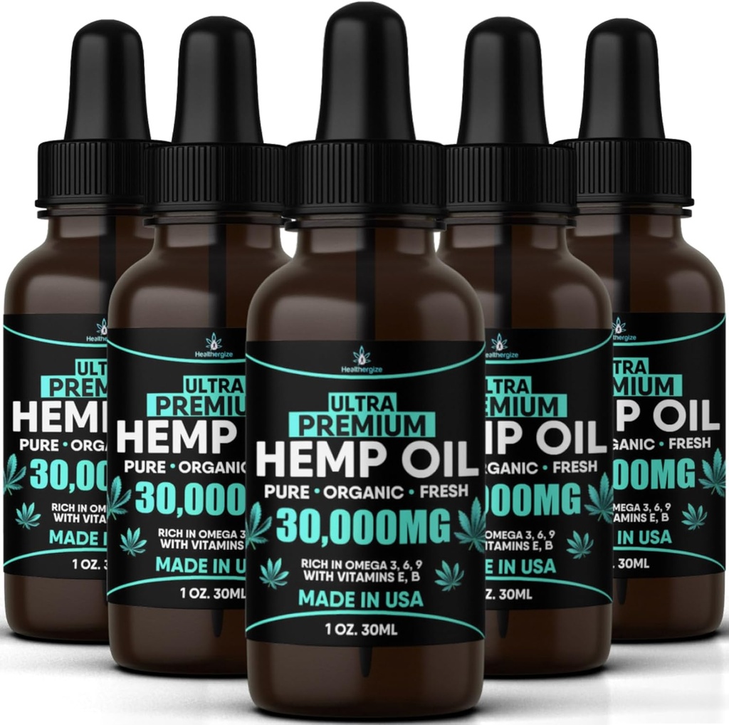 Aceite de cáñamo Extracto orgánico-5 Pack-Ultra Alto cáñamo semillas de cáñamo Aceite-Full Flavor Natural Beneficios-Fabricación en EE.UU. por piel, alivio, sueño, calma, relajación, músculos, masaje-salva para mascotas- Omega total 3,6,9
