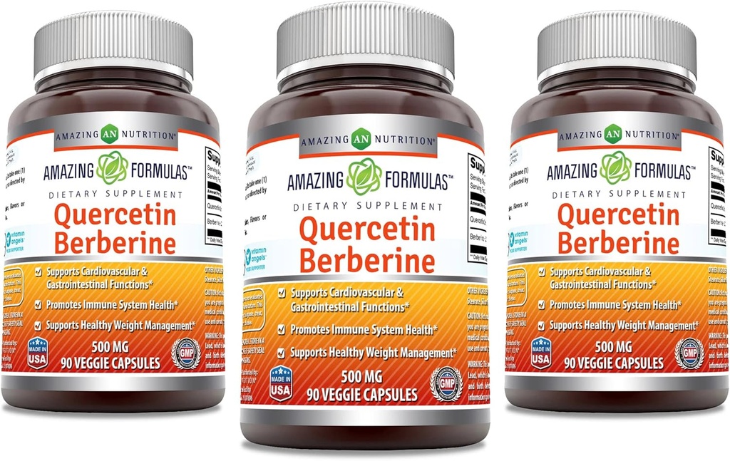 Amazing Formulas Quercetin Berberine | 250 mg Berberine and 250 mg Quercetin | Veggie Capsules Supplement | Non-GMO | Gluten Free | Made in USA (90 | 3 Pack)