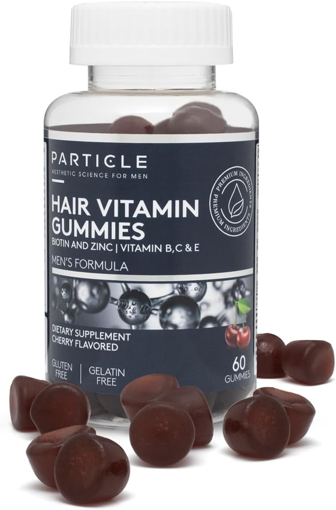 Gafas de Pelo de Hombres de partículas, Gluten gratis &amp; Vegan Suplemento con Vitamina C, Biotina, Zinc &amp; Vitamina B12, Men’s Daily Supplement for Hair & Wellness Support, Cherry Flavor, 60 Gummies, 1 Month Supply