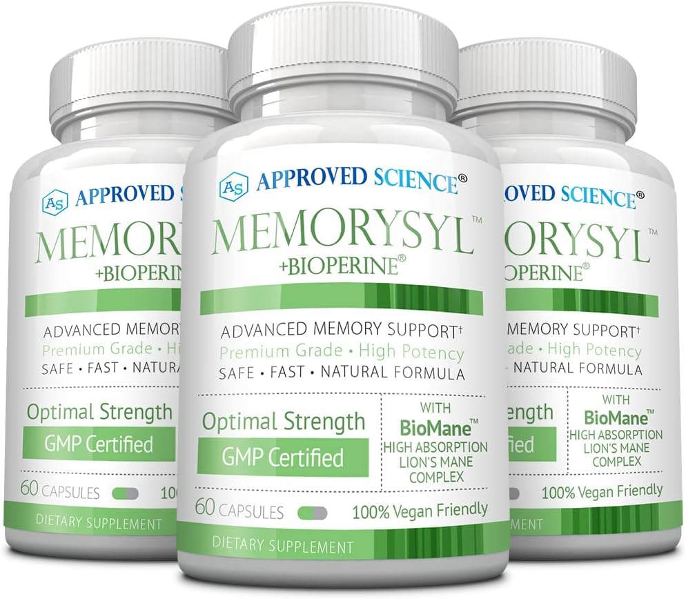 MemorySyl - Suplemento de Boosting de Memoria - Mejorar el enfoque y la concentración - Proteger contra el Decline Cognitivo - con Mane y BioPerine de León - 3 Mes de Suministro - Vegan