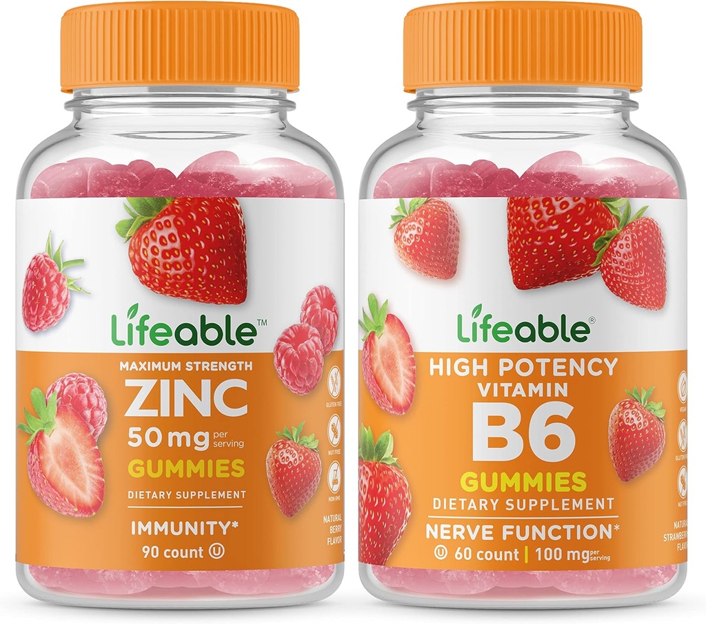 Zinc Lifeable 50mg + Vitamina B6, Gummies Bundle - Gran Tasting, Suplemento de vitaminas, Gluten Gratis, GMO Gratis, Chewable Gummy