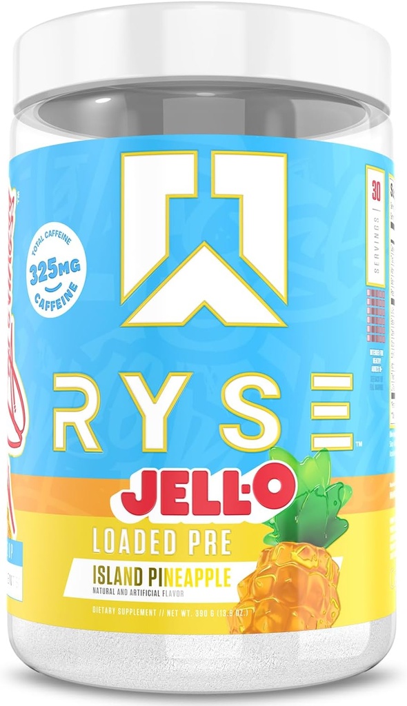RYSE Cargado Pre Workout Powder - Jell-O Island Pineapple - Daily Pre-Workout for Men &amp; Women with 325mg Caffeine, Beta Alanine, and Citrulline for Pump, Focus, and Energy - 30 Servings
