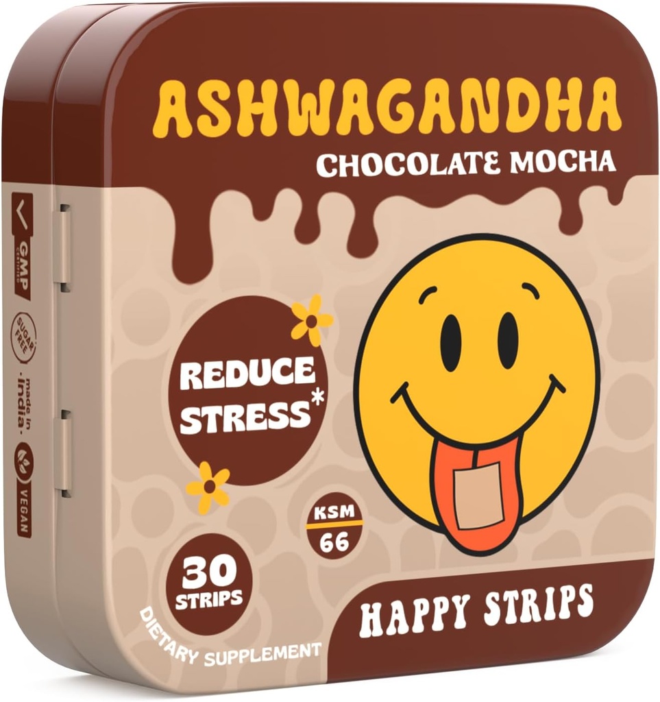 Happy Strips Organic Ashwagandha KSM 66 " GABA for Stress Relief, Calmness, Sleep - Fast-Acting " Rapid-Dissolving, Chocolate Mocha Flavored, Organic, Vegan, Sugar-Free - 30 Count