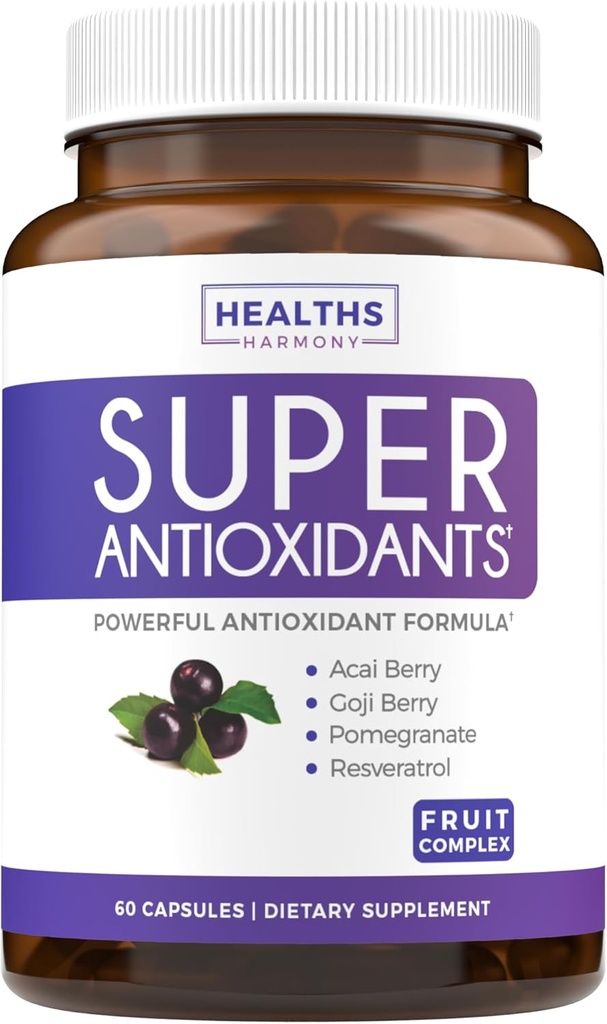 Super Antioxidantes Suplemento para Hombres - High Potency Herbal & Fruit Blend with Acai, Goji, Pomegranate, Elderberry " Resveratrol for Skin Care " Immune Support - Vegan " Non-GMO - 60 cápsulas