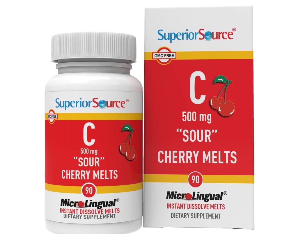 Fuente superior Vitamina C 500 mg "Sour" Cherry Melts - Suplemento diario de vitaminas Immune Health - Vitamina C Formula Aids Cell Health - 90 Sublingual Dissolving Tablets