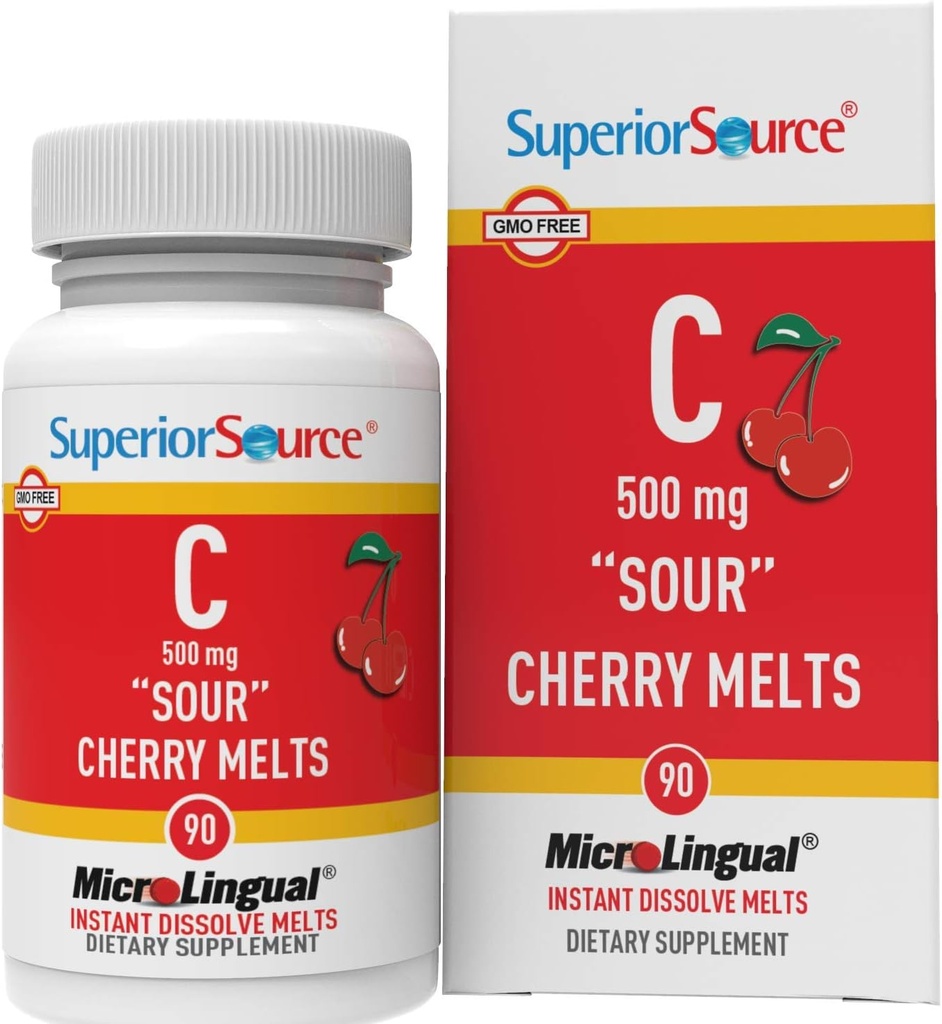 Fuente superior Vitamina C 500 mg "Sour" Cherry Melts - Suplemento diario de vitaminas Immune Health - Vitamina C Formula Aids Cell Health - 90 Sublingual Dissolving Tablets