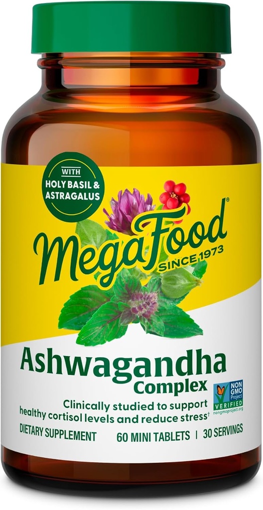 Complejo MegaFood Ashwagandha (Protección de Estrés Formal) - Suplementos Ashwagandha Astragalus Root & Holy Basil - Vegetarian, Gluten Free, Suplemento Cortisol - 60 Mini Tablets, 30 Serviciones