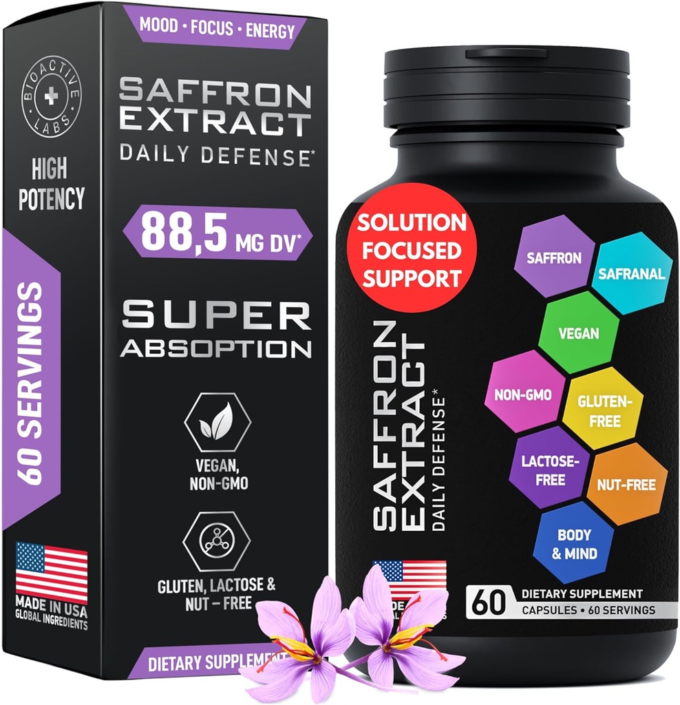 Suplementos de Saffron optimizados - 88.5mg Extracto puro de Saffron para el soporte de Mood, Focus, Energy - Plus Crocin, Crocetin, Kaempferol - Gluten-Free, Non-GMO - 1-a-Day 60 cápsulas