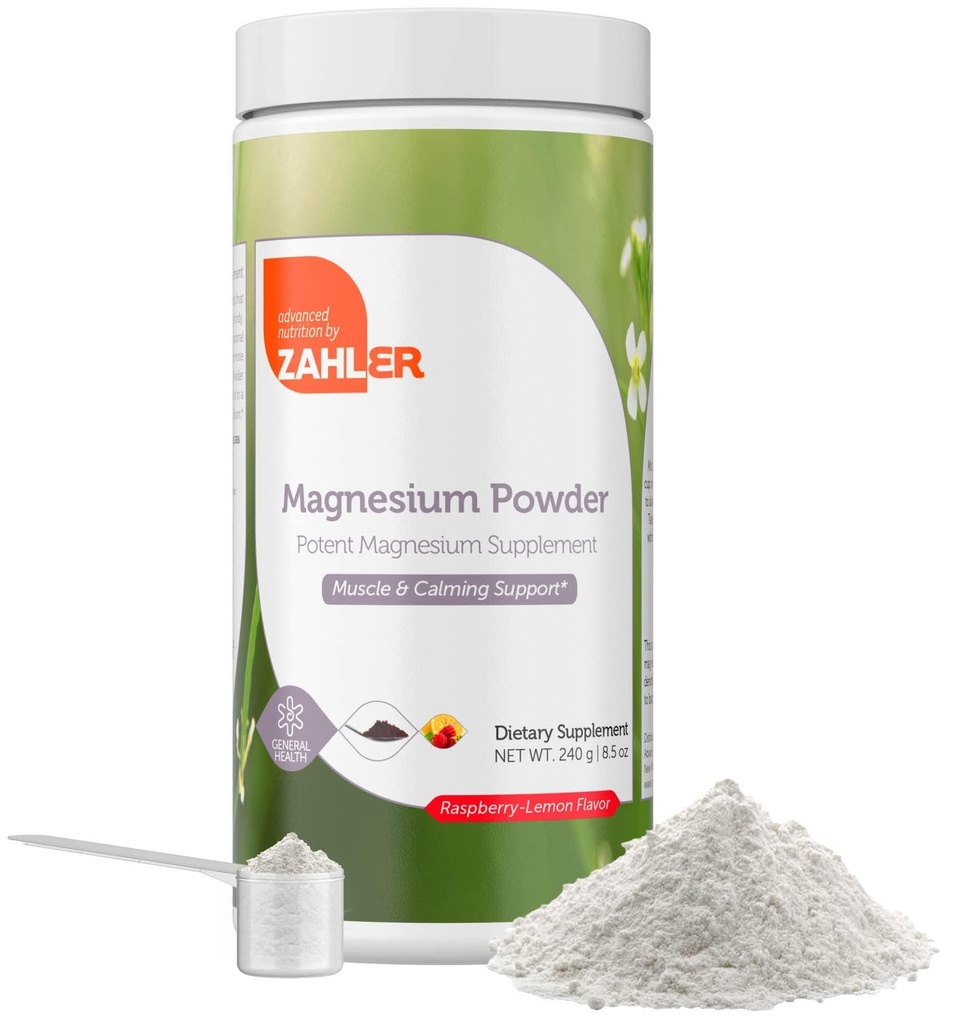 Zahler Magnesium Suplemento Polvo - Mezcla de polvo de magnesio calma para agua " Bebidas líquidas - Citrato de magnesio de potencial con mejor sabor de fresa de sabor limón - Kosher Magnesium Drink Powder 8.5 Oz