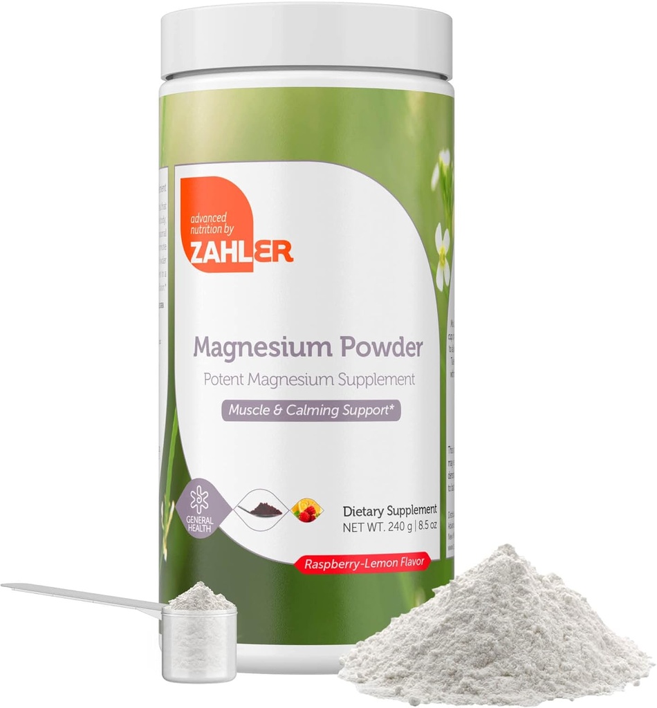 Zahler Magnesium Suplemento Polvo - Mezcla de polvo de magnesio calma para agua " Bebidas líquidas - Citrato de magnesio de potencial con mejor sabor de fresa de sabor limón - Kosher Magnesium Drink Powder 8.5 Oz