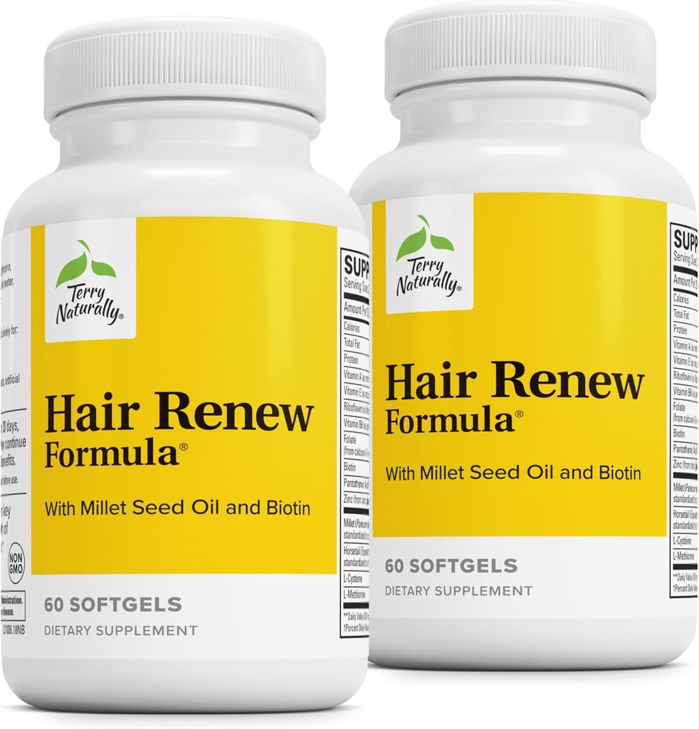 Terry Naturalmente Hair Renew Fórmula - Suplemento de Crecimiento del Peluquero Biotina & ácido fólico - Millet Seed Oil for Keratin Production Support - 60 Softgels, 2 Pack