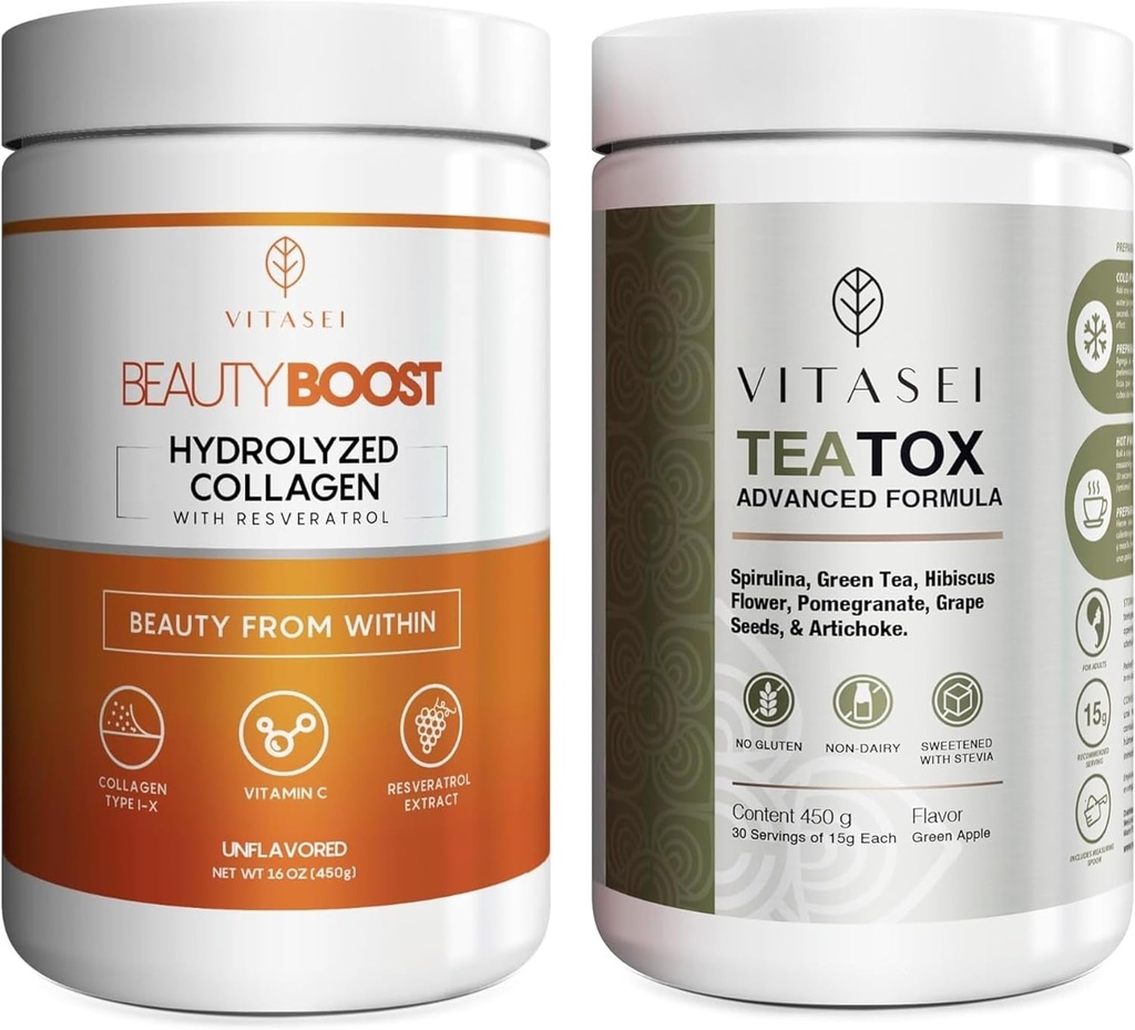 VITASEI Wellness Bundle – Hidrolyzed Collagen Peptides Powder " Teatox Detox " Cleanse Support Powder – Hair, Skin, Nails " Digestion Booster for Women " Men