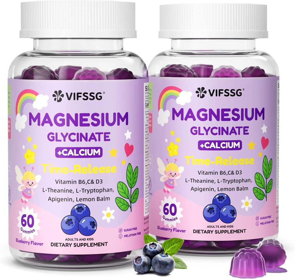 Magnesium Glycinate Gummies for Adults &amp; Kids 4+, 2 Pack Sugar Free Magnesium Bisglycinate Suplemento 400/200 mg con L Theanine, Chamomile, Lemon Balm for Evening Support &amp; Bedtime Routine 120 Gummies