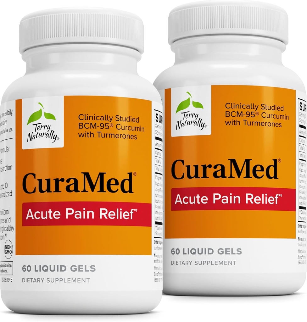 Terry Naturalmente CuraMed Agudo Dolor Alivio - Suplemento con BCM-95 Curcumin &amp; BOS-10 Boswellia - Black Sesame Semilla Aceite para apoyar Alivio de la Incomodidad Ocasional - 60 geles líquidos (Pack of 2)