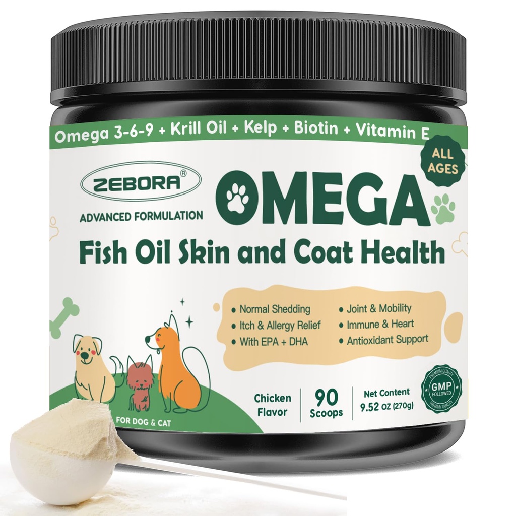 ZEBORA Omega 3 Fish Oil for Dogs, Wild Caught Dog Fish Oil, EPA & DHA, Krill Oil, Kelp, Skin and Coat Supplement, Anti Itch & Shedding, Support Dry Skin, Joint Health, Dog Allergy Relief