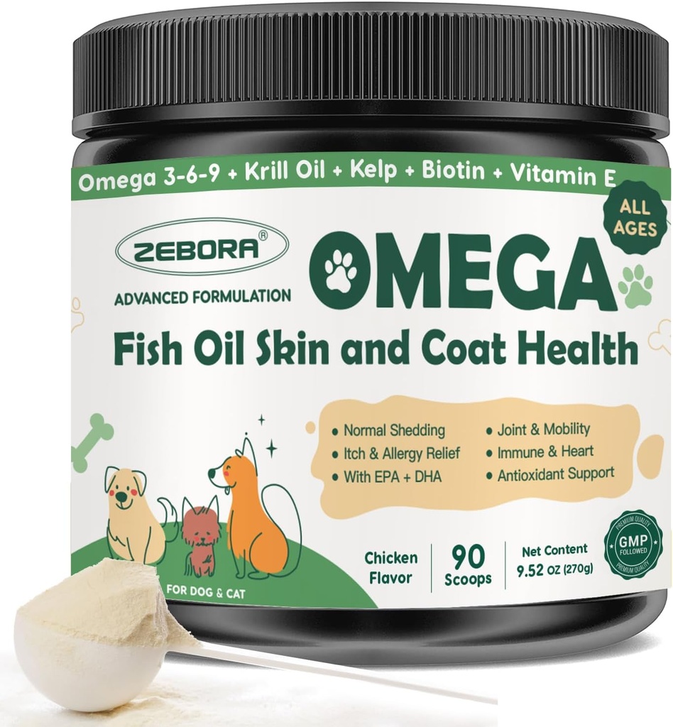 ZEBORA Omega 3 Fish Oil for Dogs, Wild Caught Dog Fish Oil, EPA & DHA, Krill Oil, Kelp, Skin and Coat Supplement, Anti Itch &amp; Shedding, Support Dry Skin, Joint Health, Dog Allergy Relief